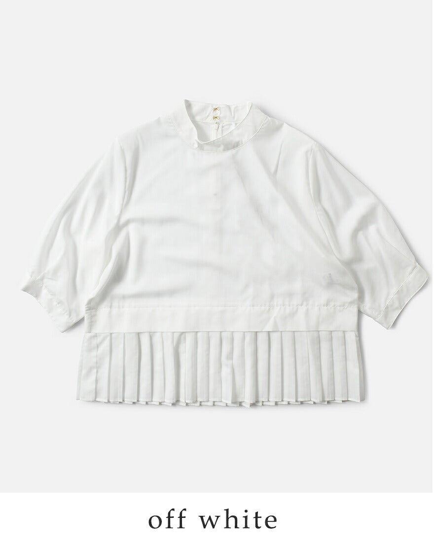 whyto ホワイト スタンドカラー 裾プリーツ ブラウス “hem pleats