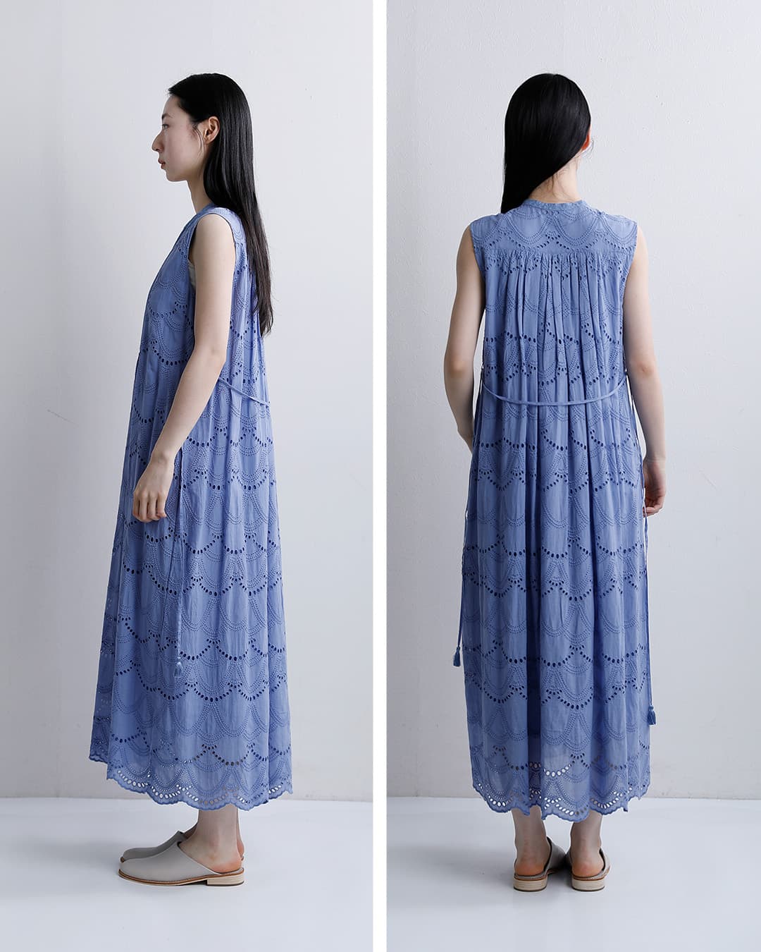 美品 ヌキテパ コットンボイル ドット ヘムラ ノースリーブ ロングワンピース ne Quittez pas ヌキテパ コットンボイル ドット ヘムレース