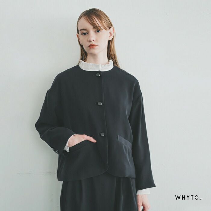 ホワイト ノーカラージャケット サイズ40 whyto ホワイト ノーカラー ボタン ジャケット “no collar button