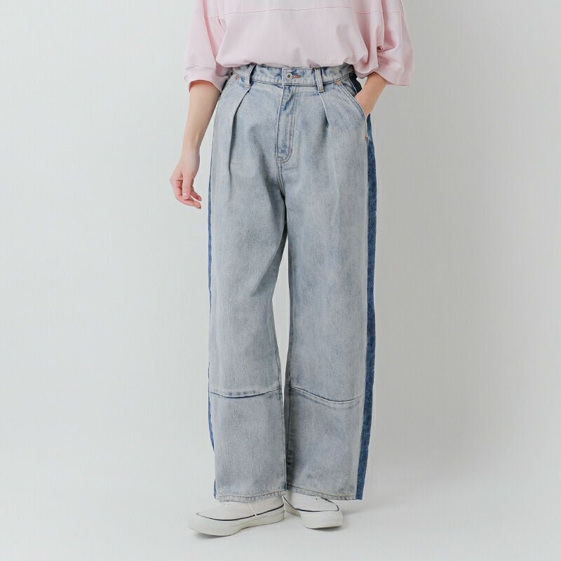 50%OFF】whyto ホワイト コットン サイド ライン デニム パンツ “side