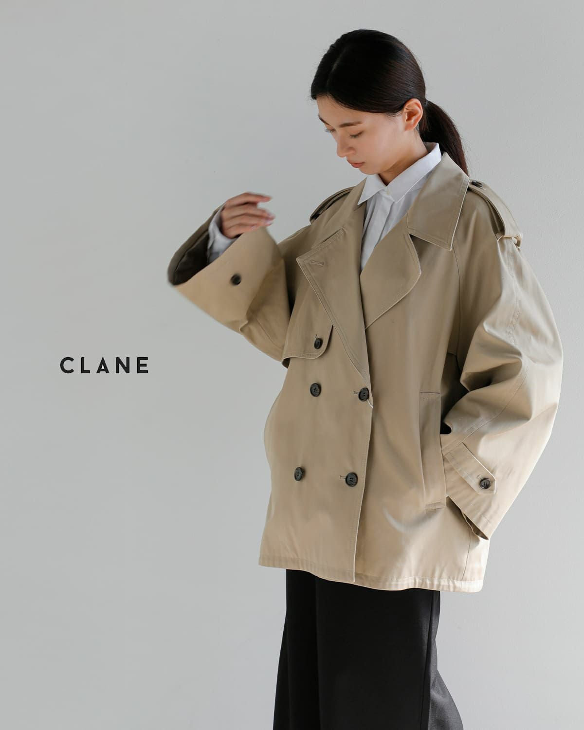 【CLANE】オーバー ショートトレンチコート - (BEIGE) CLANE - オーバー ショートトレンチコート - OVER SHORT TRENCH COAT
