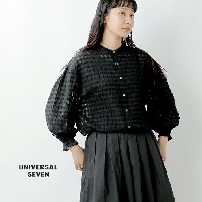 未使用音♪セブンテン ギャザースリーブブラウス ライトブルー ギンガムチェック universal seven ユニヴァーサルセブン シースルー ギンガム ギャザー