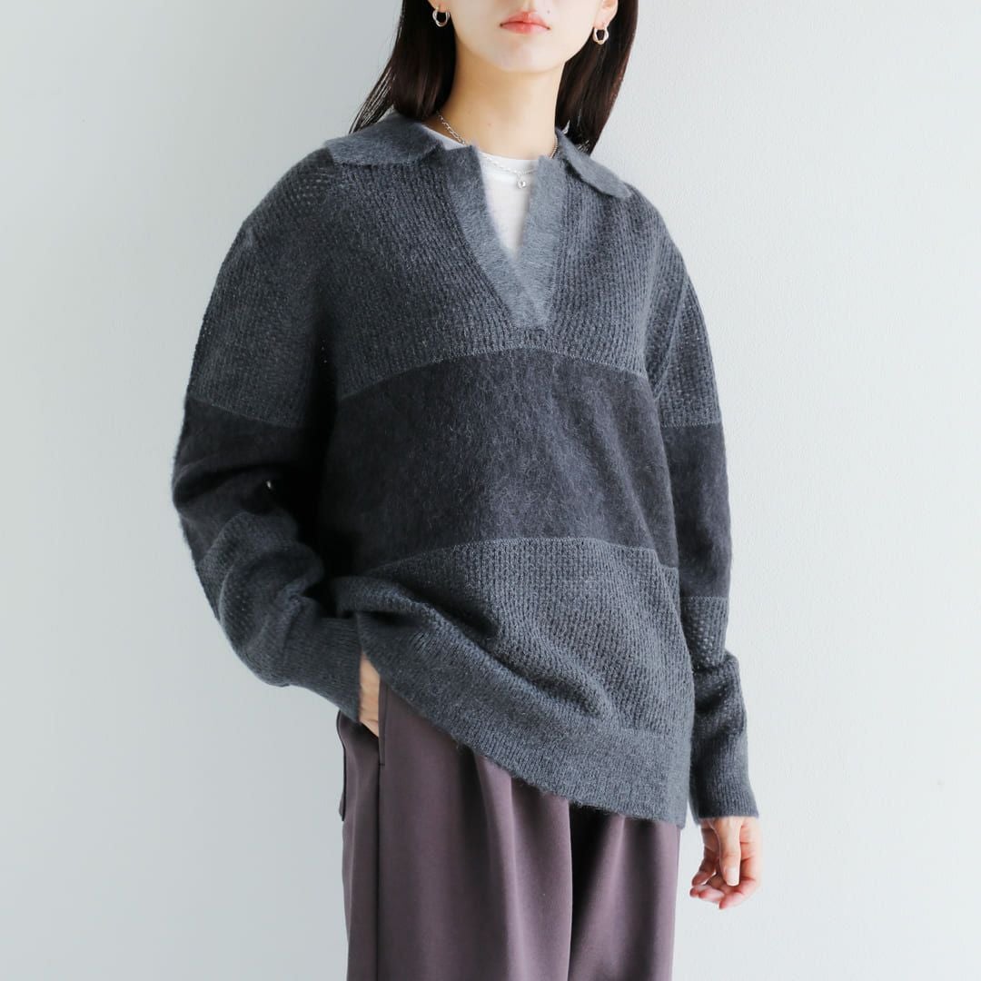 新品25SS MANOF マノフ　ニットポロトップス　グレー　半袖　スキッパー 30%OFF】MANOF マノフ モヘア ポロ ニット プルオーバー 89106-2092