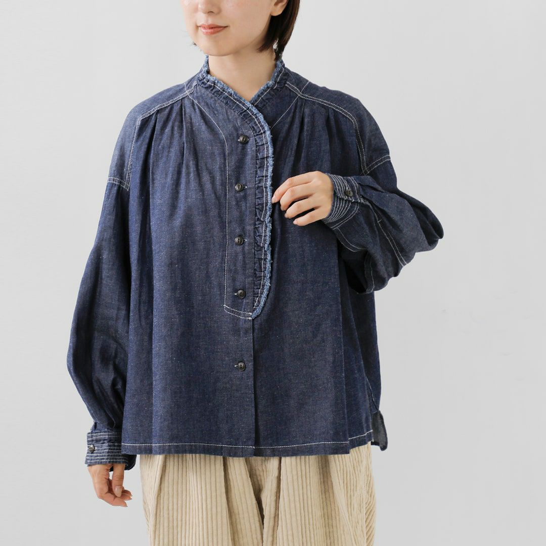 tumugu ツムグ 4.5oz コットン リネン デニム フリル シャツ tb25403