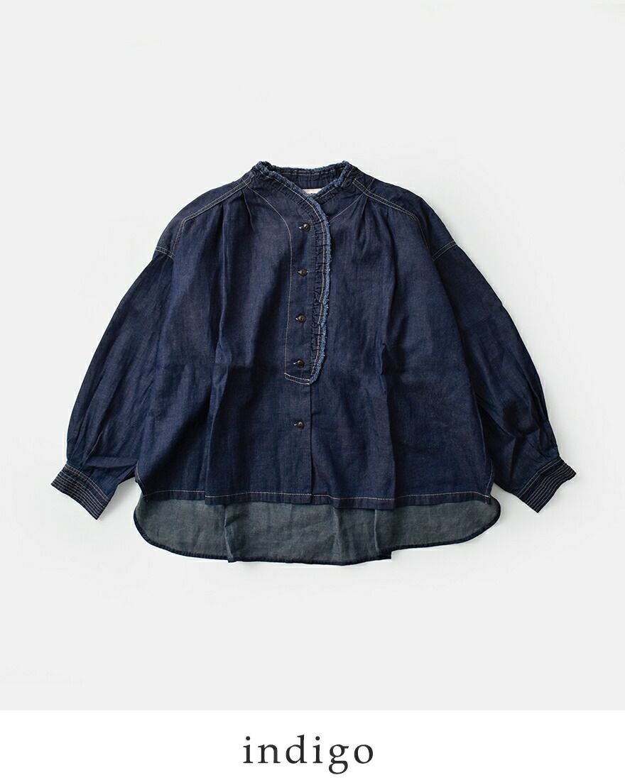 tumugu デニム　フリルスタンドカラーシャツ 新品未使用です。 インディゴ tumugu ツムグ 4.5oz コットン リネン デニム フリル シャツ tb25403