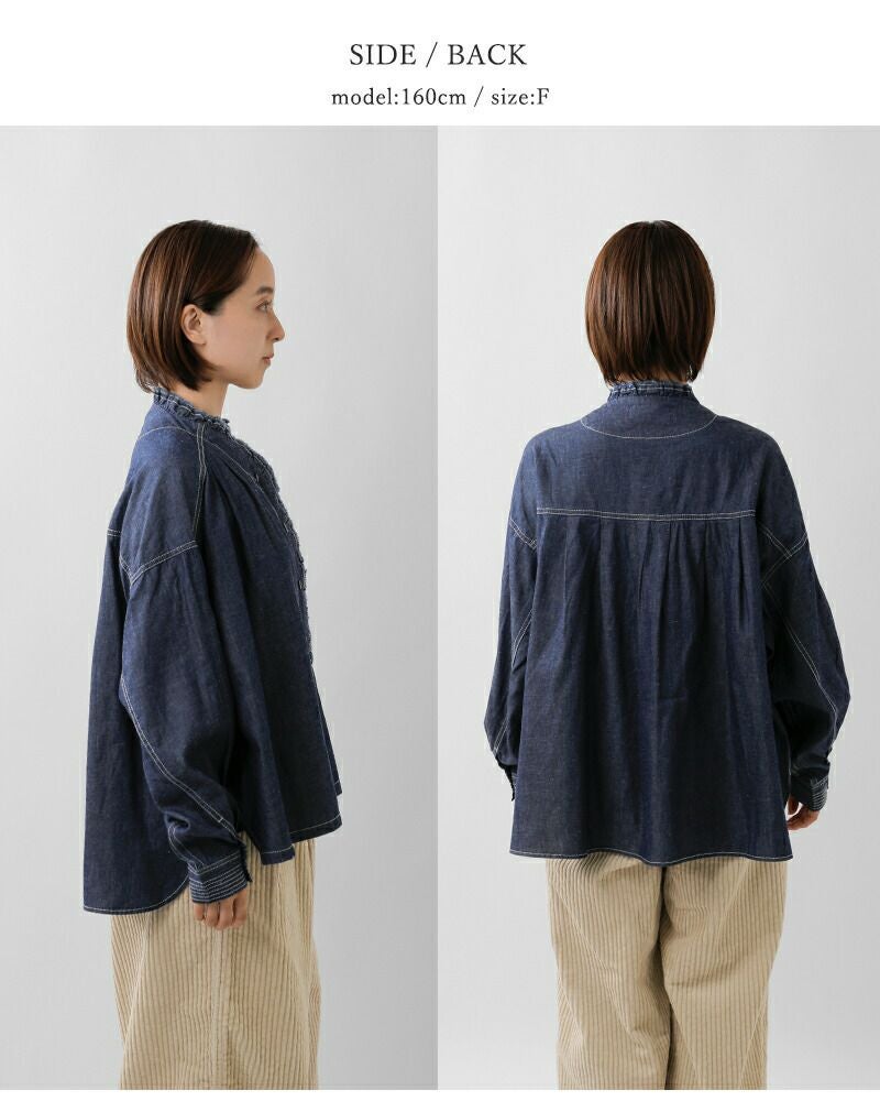 tumugu デニム　フリルスタンドカラーシャツ 新品未使用です。 インディゴ tumugu ツムグ 4.5oz コットン リネン デニム フリル シャツ tb25403