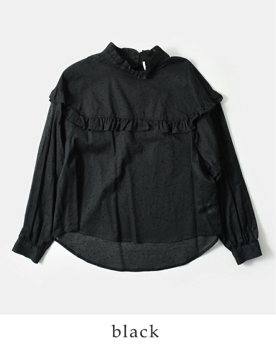 60%OFF】whyto ホワイト フロッキードット フリルカラー ブラウス dot