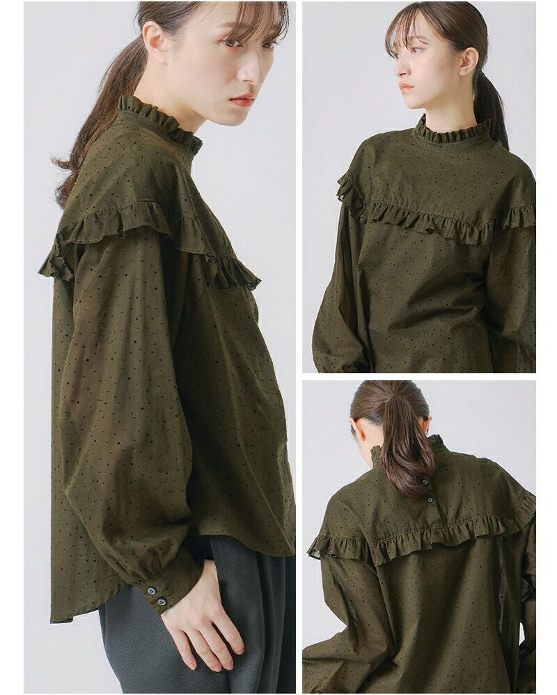 60%OFF】whyto ホワイト フロッキードット フリルカラー ブラウス dot