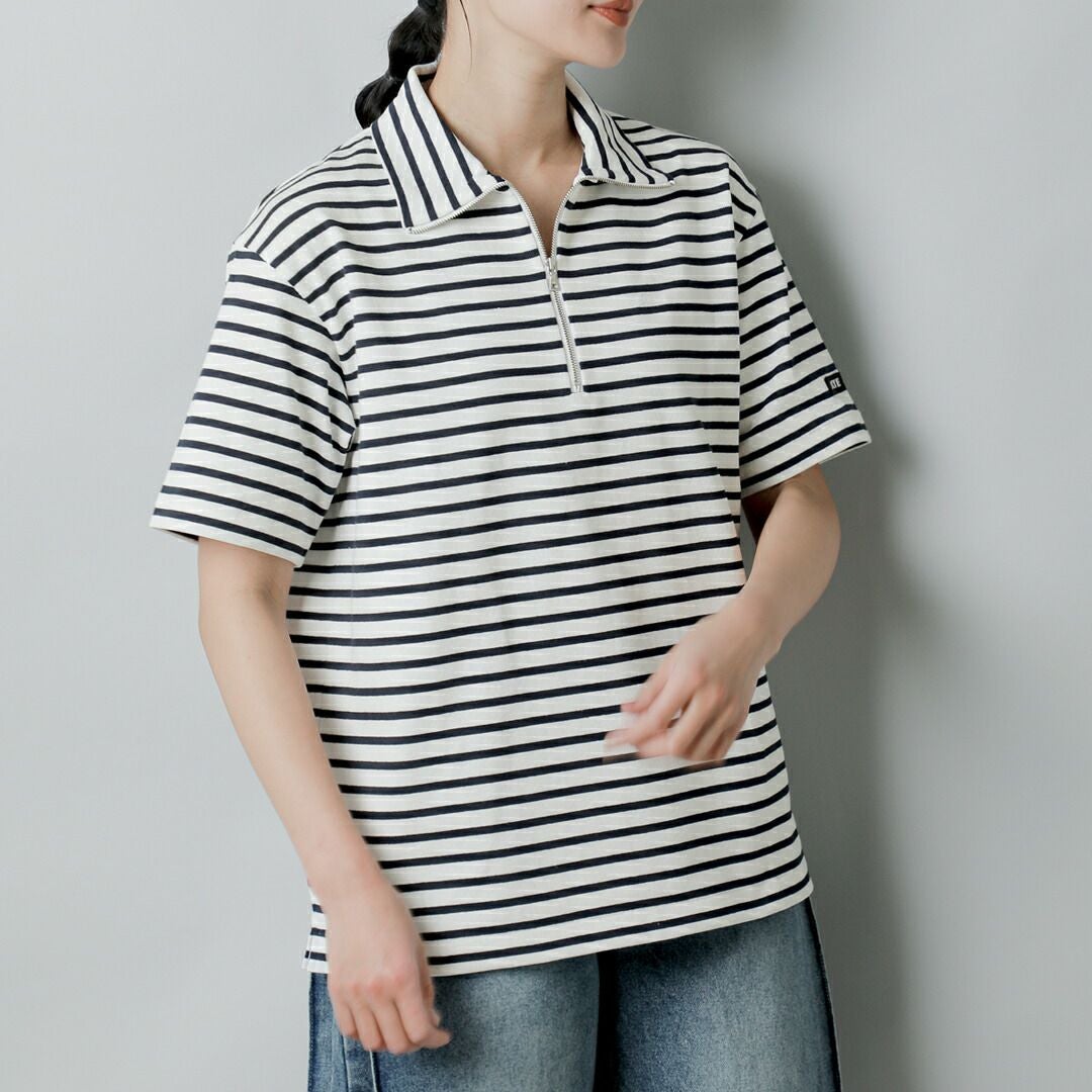 SCYE BASICS サイベーシックス コットン ストライプ ハーフジップ T