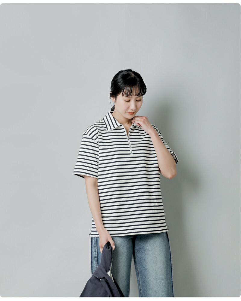 SCYE BASICS サイベーシックス コットン ストライプ ハーフジップ T