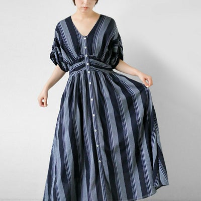コットンボイル ストライプ ウエストギャザー ドレス Cotton Voile Stripe Waist Gather Dress