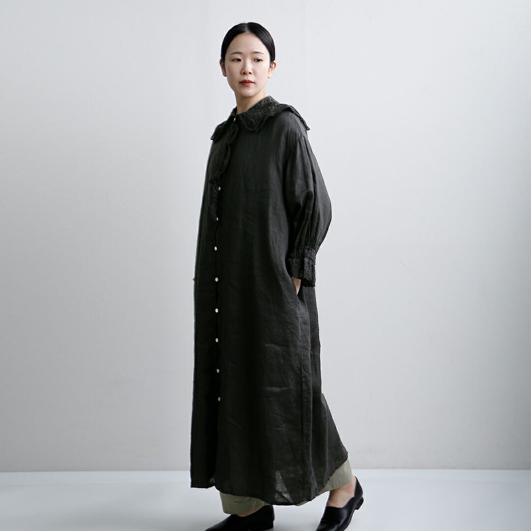 ①センソユニコ ウールガーゼコート②tumugu: 綿フリルネックロングシャツ クーポン対象】Gauze# ガーゼ リネンアンティーク フリルワンピース