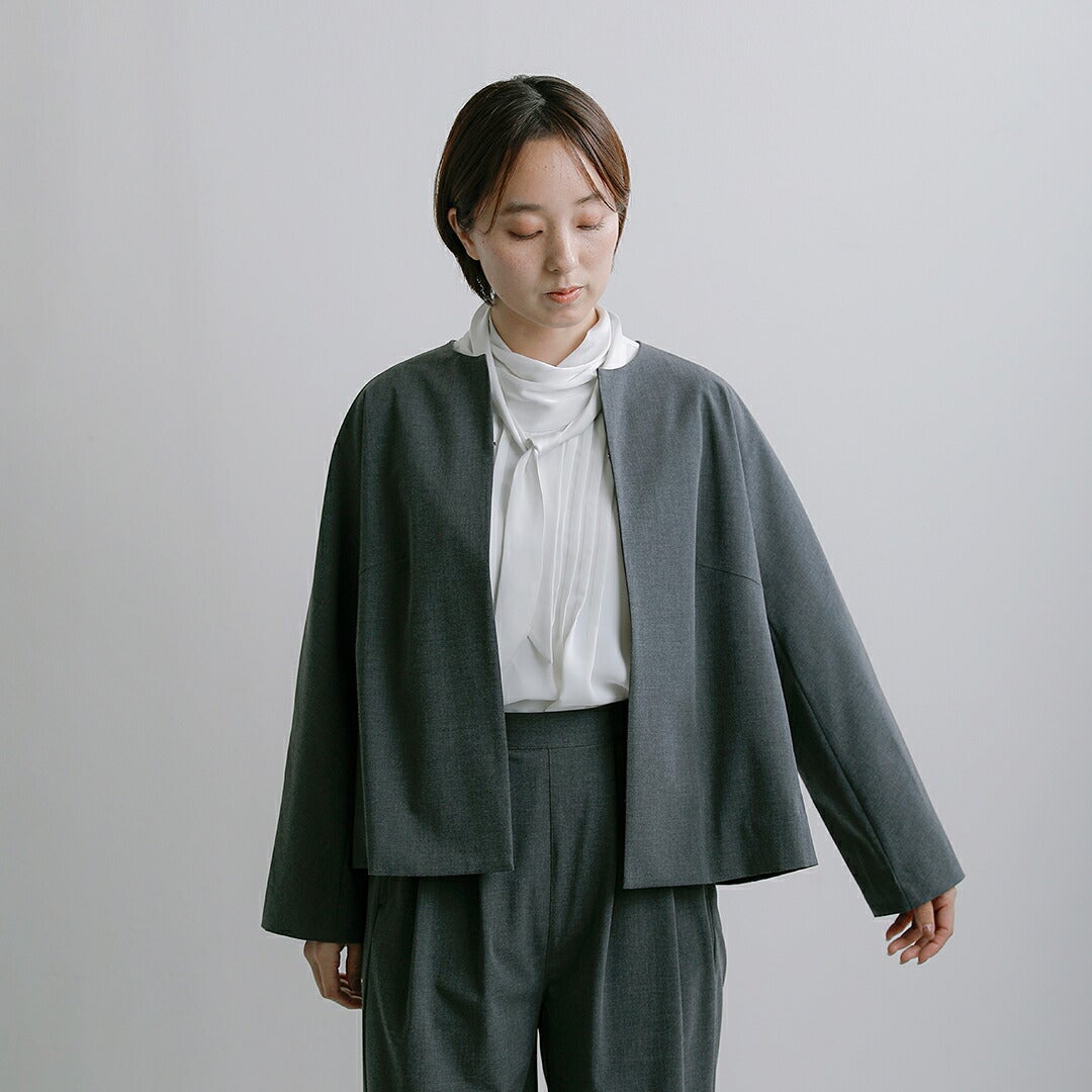 whyto ホワイト サマーウールライク ノーカラー ジャケット “no collar
