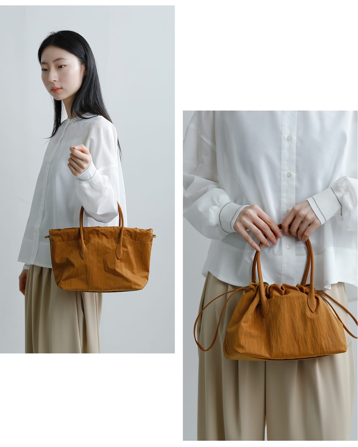 【専用】メアリオルターナ　フリンジ巾着バッグ　キャメル MARY AL TERNA（メアリオルターナ） リサイクルナイロン 巾着 2way