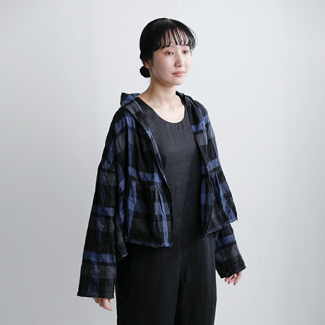 Honnete オネット シャーリング チェック ギャザー カーディガン ho