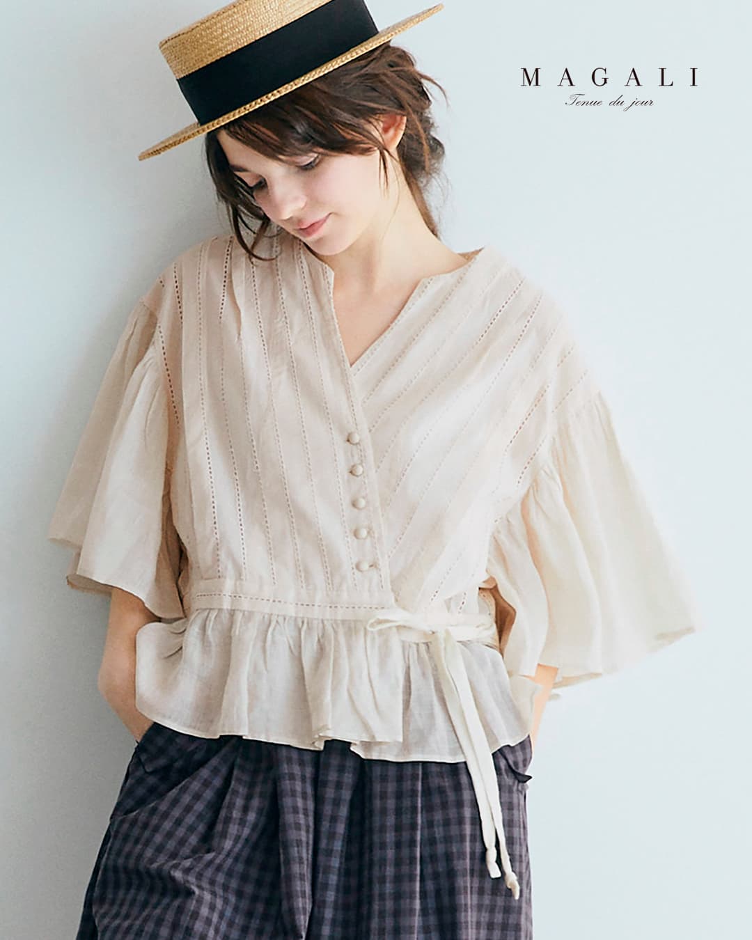 MAGALI マガリ　ブラウス MAGALI マガリ リネンラウンドブラウス #ホワイト、ブラック