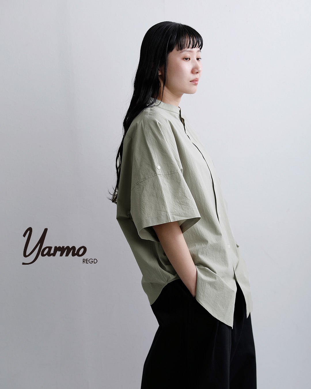 tazy＊yarmo＊オーバーサイズシャツ＊ヤーモ＊カーキ＊ クーポン対象】Yarmo ヤーモ コットン ロールアップ スリーブ ボクシー