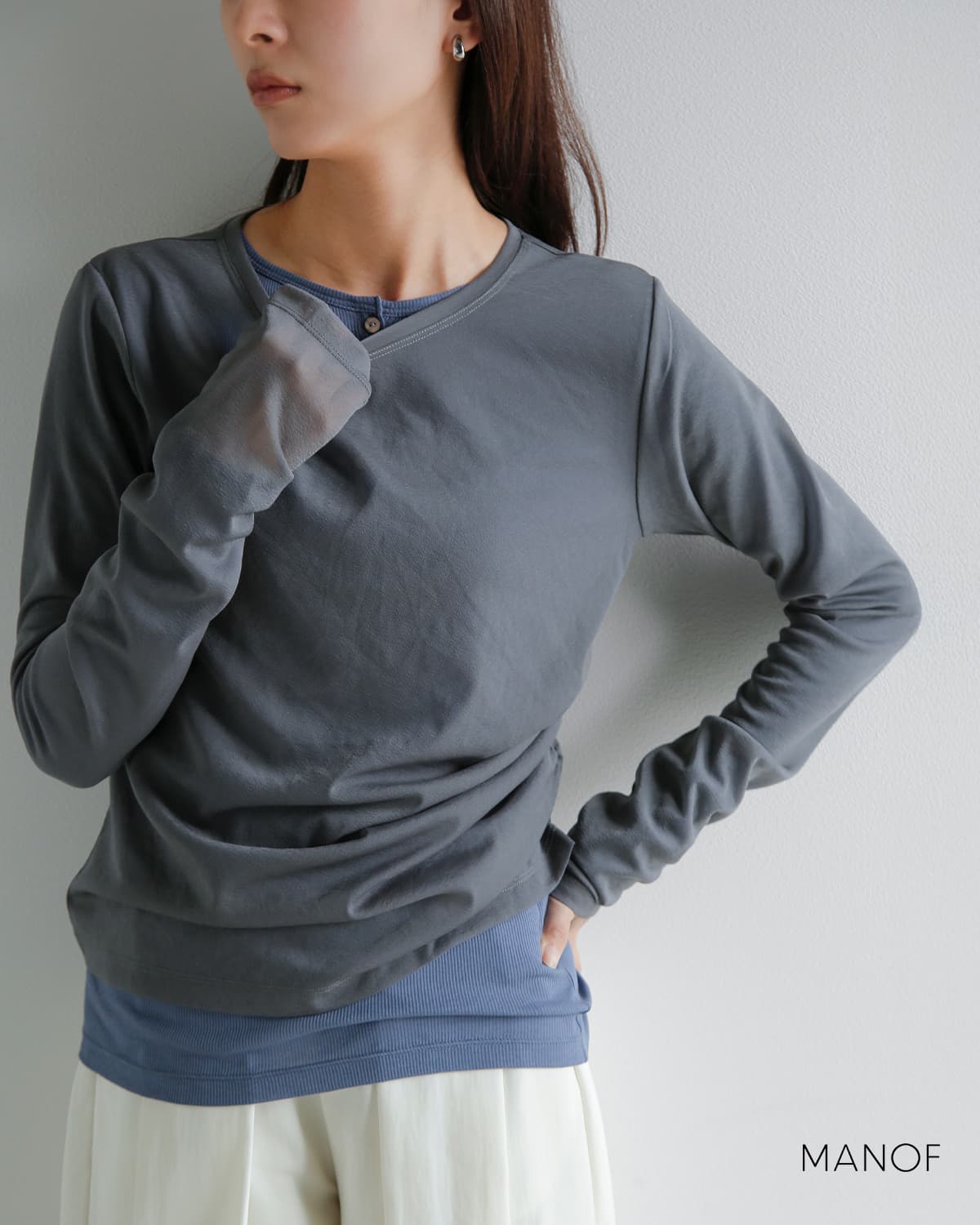 カットソー(長袖/七分) MANOF  MESH SLEEVE LAYERED TOPS MANOF（マノフ） tシャツ SHEER LAYERED CUT TOPS レディース