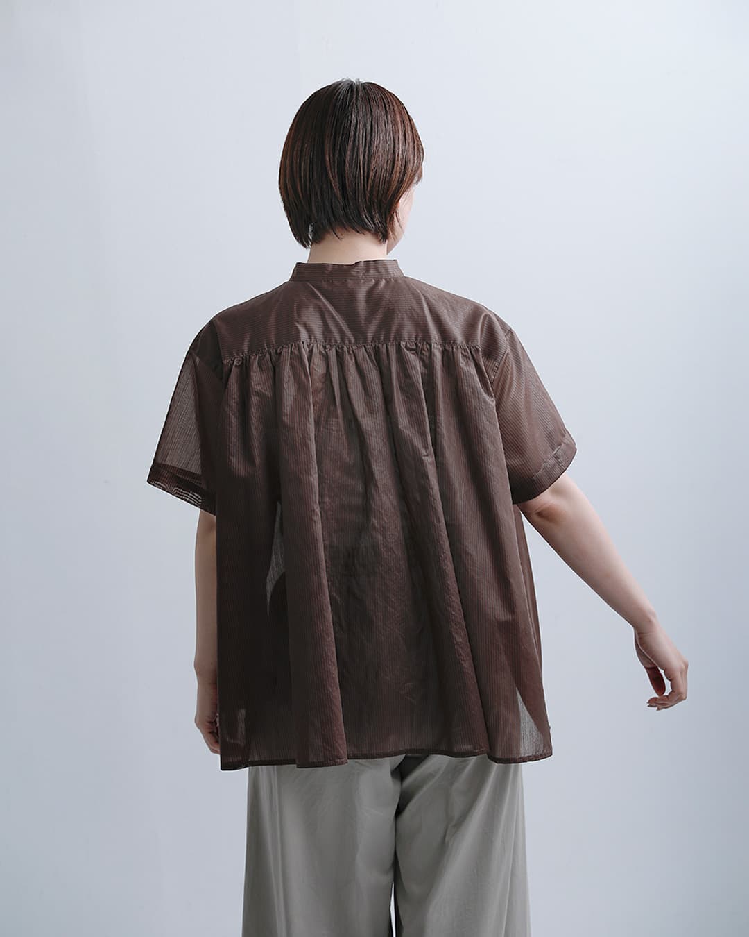 20%OFF】Le Glazik ルグラジック シアーボーダー ギャザー 半袖シャツ