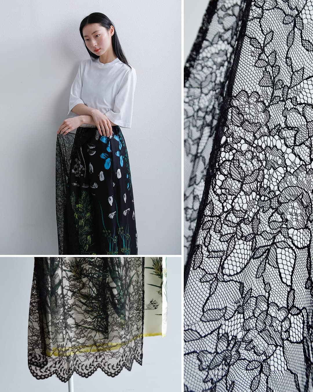 manipuri レース切り替えシルク巻きスカート 50%OFF】manipuri マニプリ シルク レース ボタニカル ラップ風