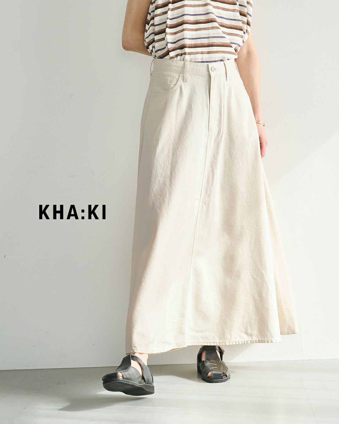 kha:ki カーキ 8oz 綿麻 デニム フレア ロングスカート FLARED LONG