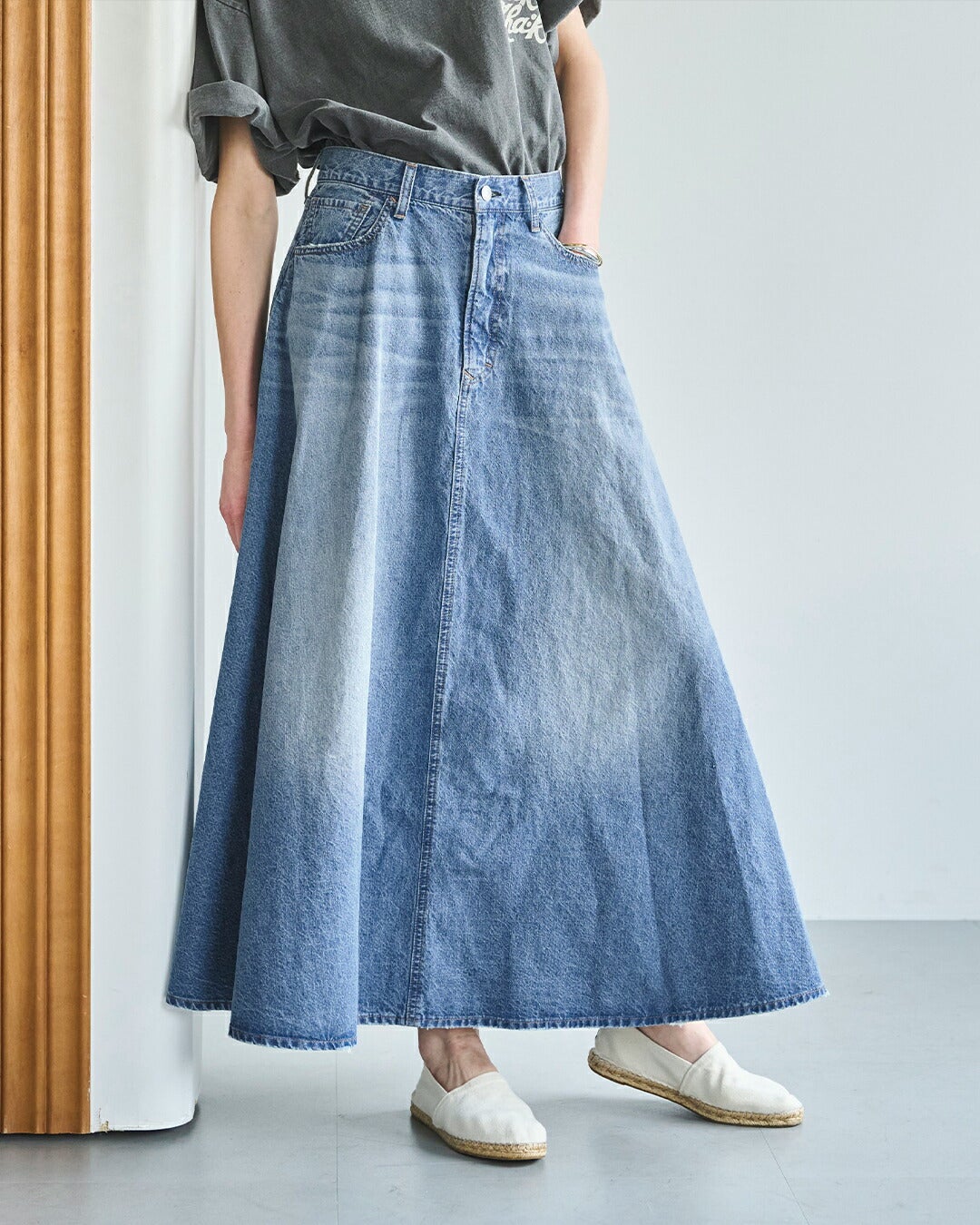 kha:ki カーキ 8oz 綿麻 デニム フレア ロングスカート FLARED LONG