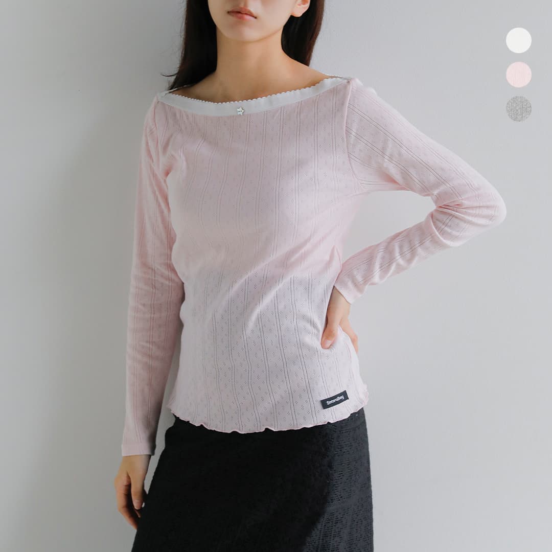 SEA シー コットン アイレットフライス 2way ボートネック 長袖Tシャツ