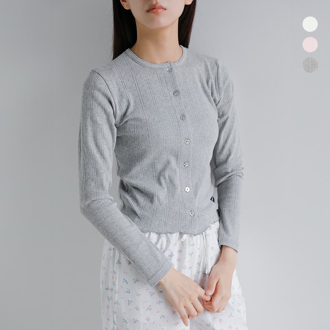SEA シー コットン アイレットフライス クルーネック カーディガン