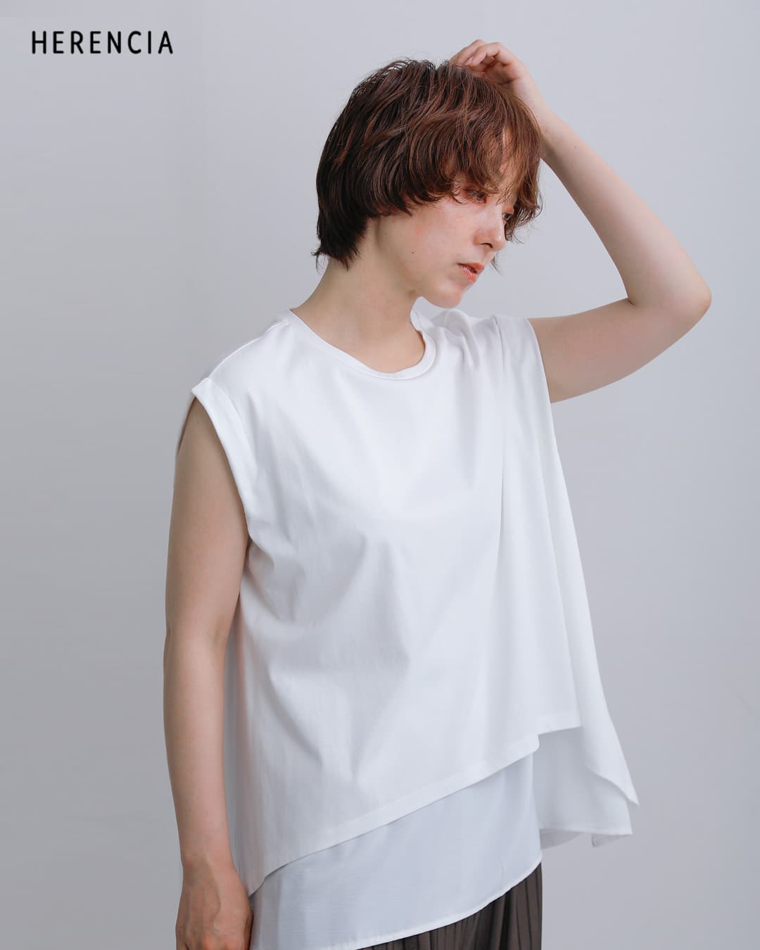 NEW]HERENCIA ヘレンチア コットン 重ね着風 クルーネック カットソー