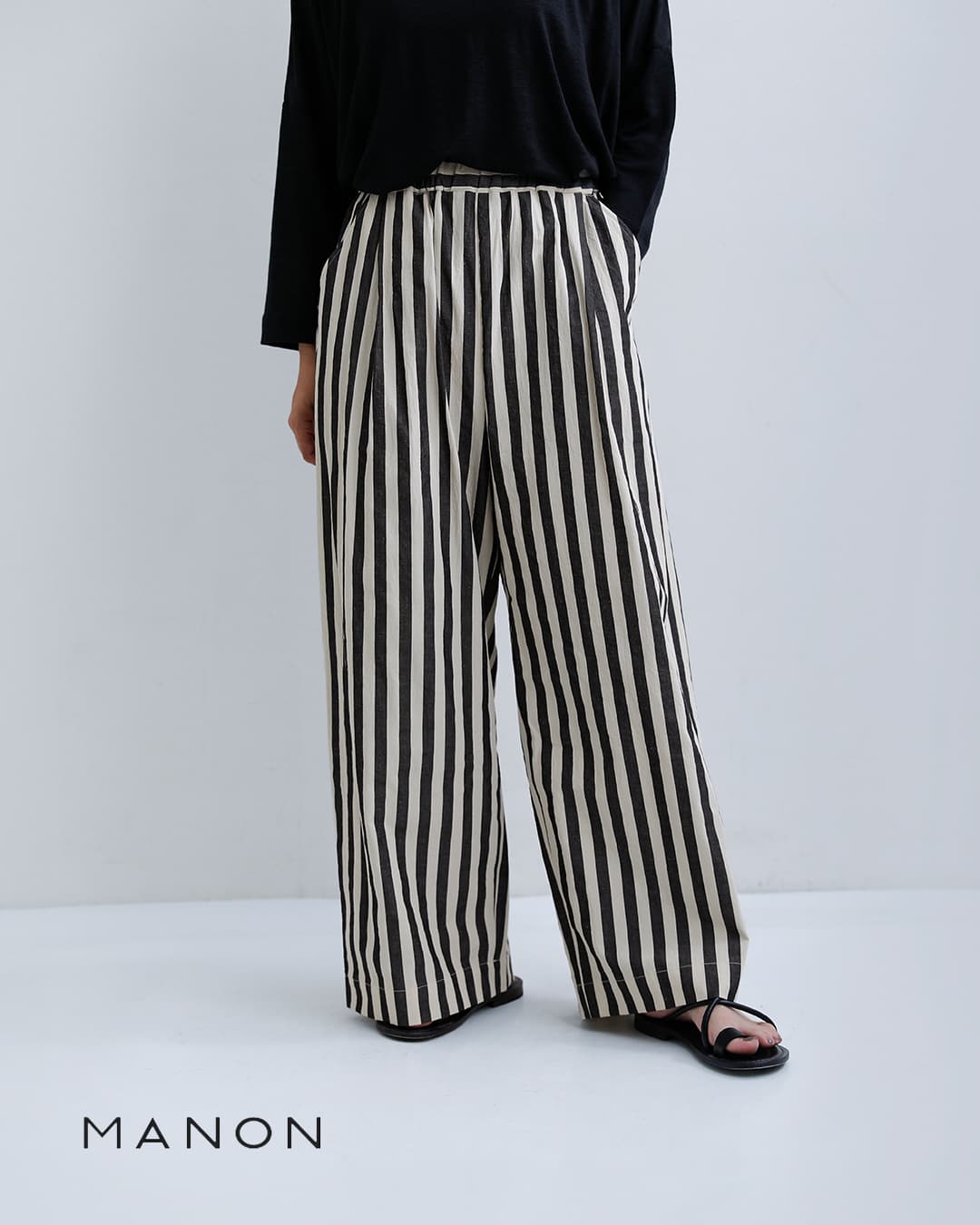 NEW]MANON マノン コットン リネン ストライプ イージーパンツ STRIPE