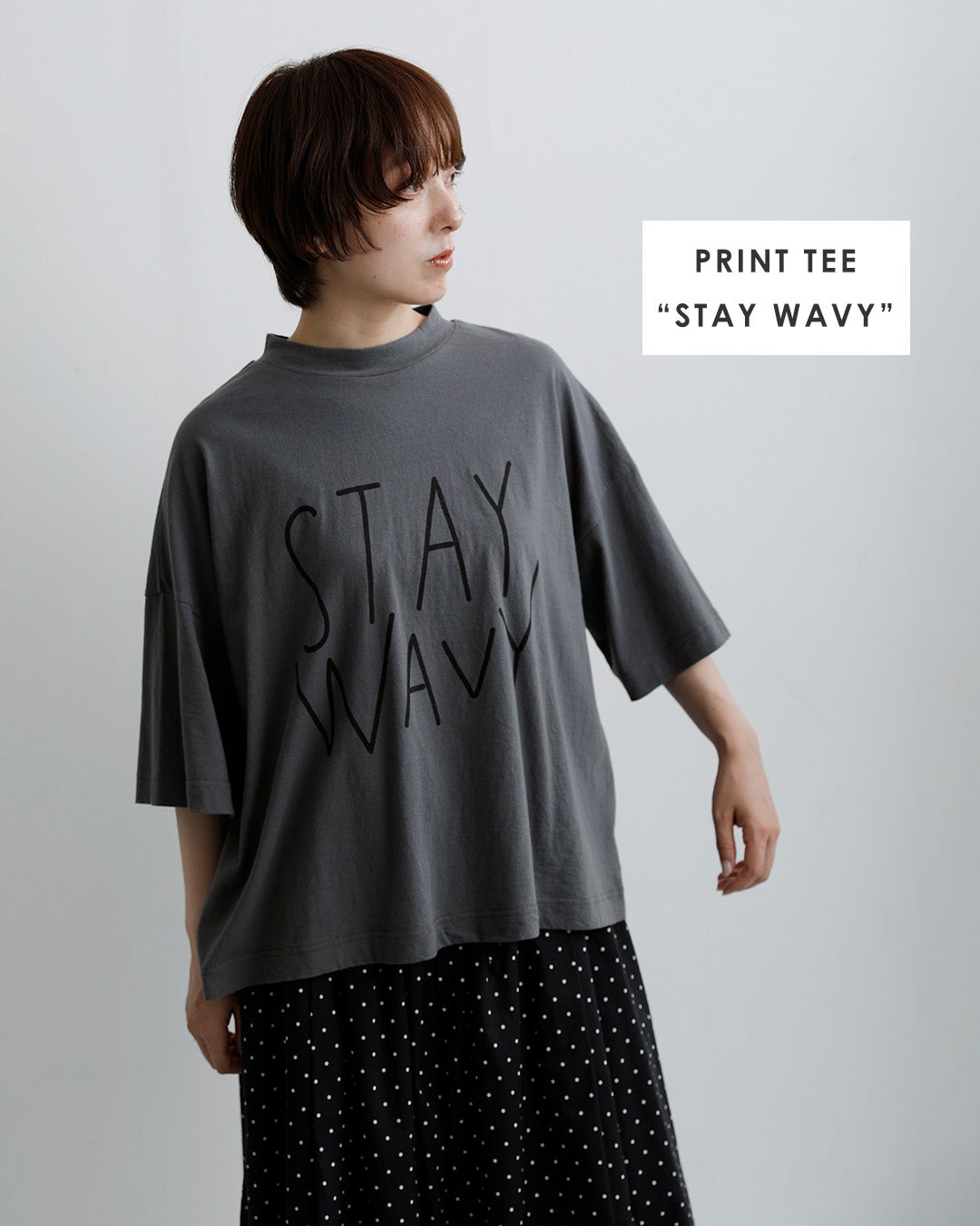 NEW]tumugu ツムグ コットン ラフィ天竺 プリント Tシャツ STAY WAVY