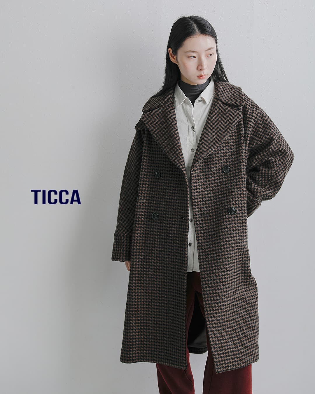 plage 素敵なハウンドトゥース　double buttanコート☆ クーポン対象】TICCA ティッカ ウール ハウンドトゥース テント コート