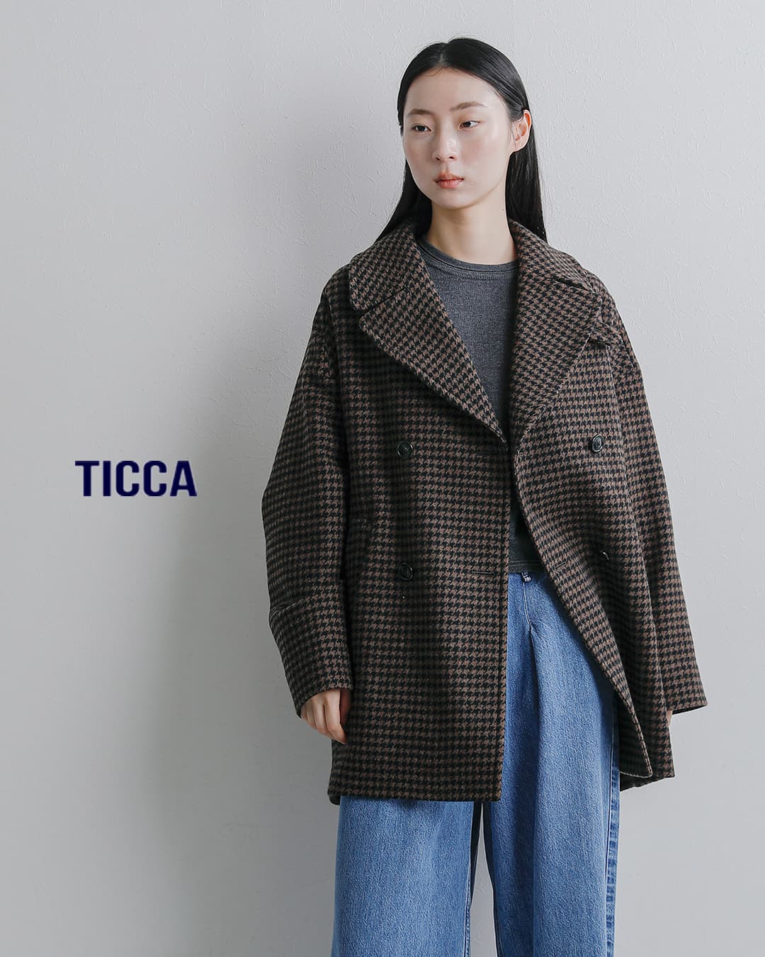2026aw新作]TICCA ティッカ ウール ハウンドトゥース ピーコート tbfa
