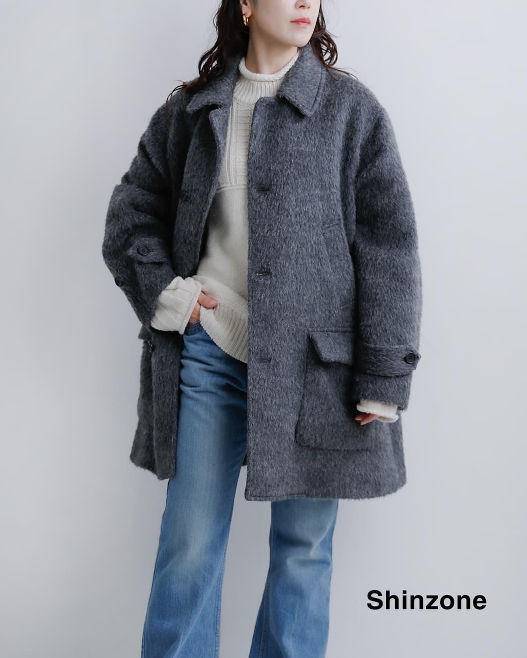 Shinzone シンゾーン アルパカ混 シャギー Aライン ステンカラーコート