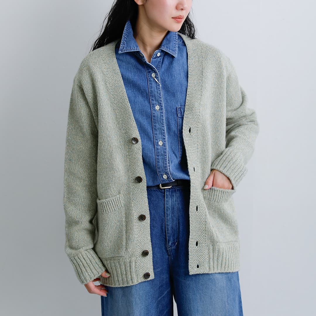 REMI 日本製 リネン100%　麻　ヘンプ　カーディガン　L　ブルー　アシンメ LENO リノ エクストラファインラムズウール メランジ ニット