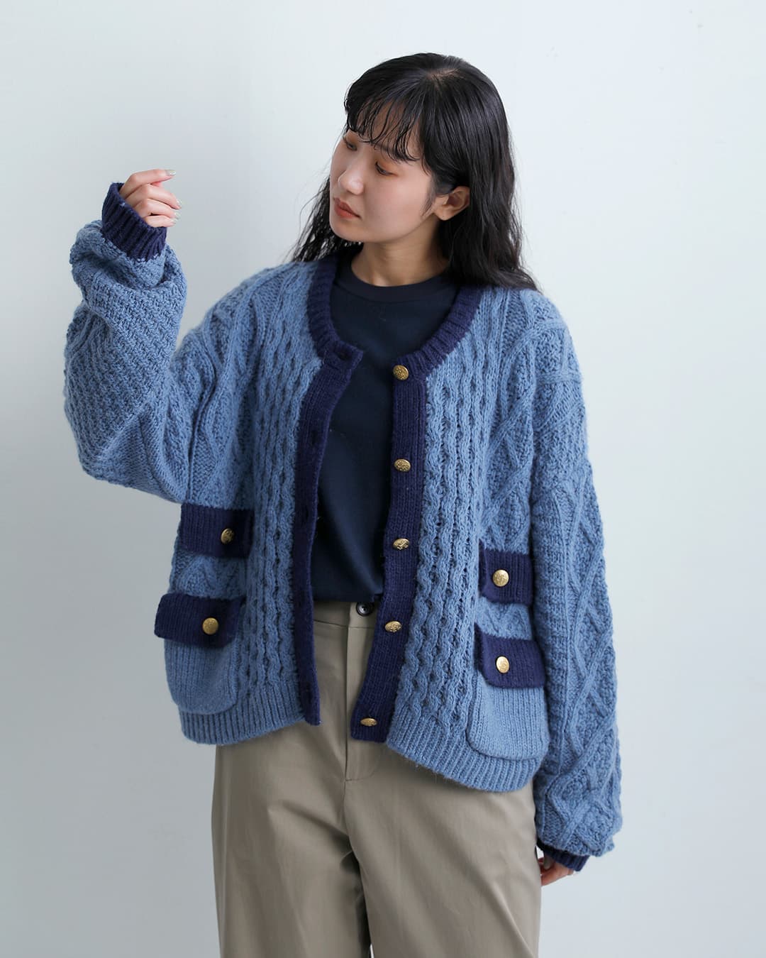 LENO リノ アラン ケーブルニット クルーネック カーディガン l2602