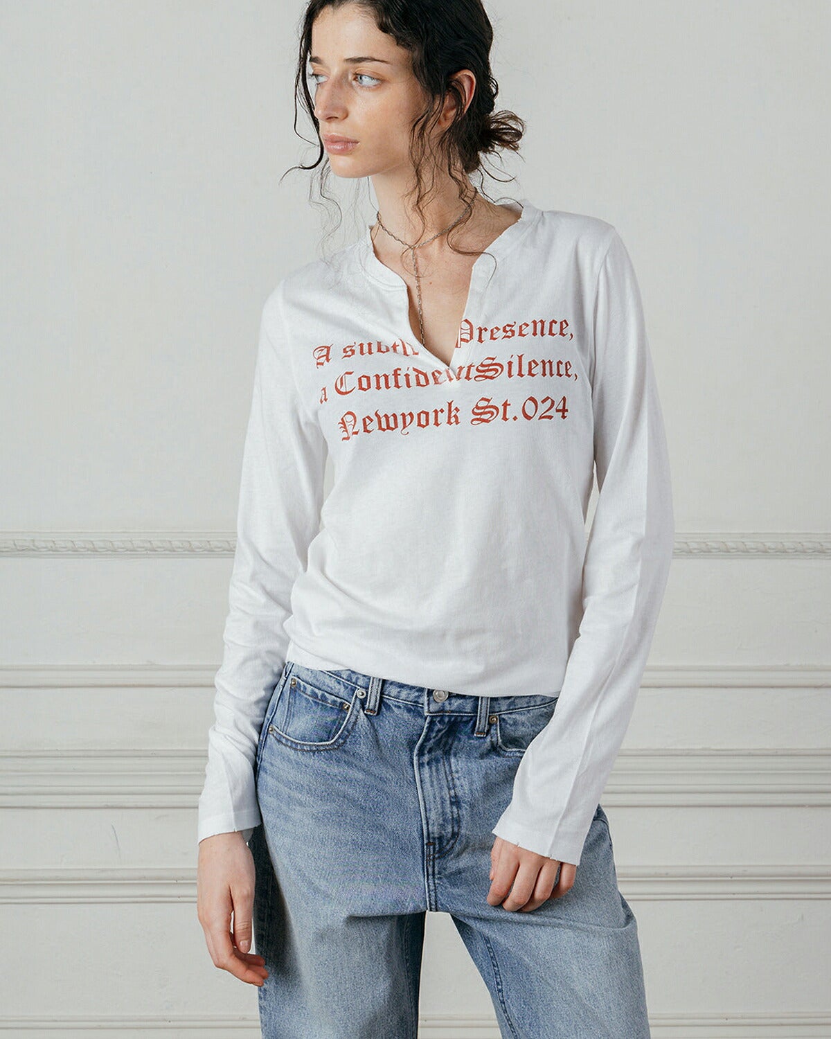 CREDONA白Tシャツ CREDONA クレドナ スキッパー ロングスリーブ プリント Tシャツ