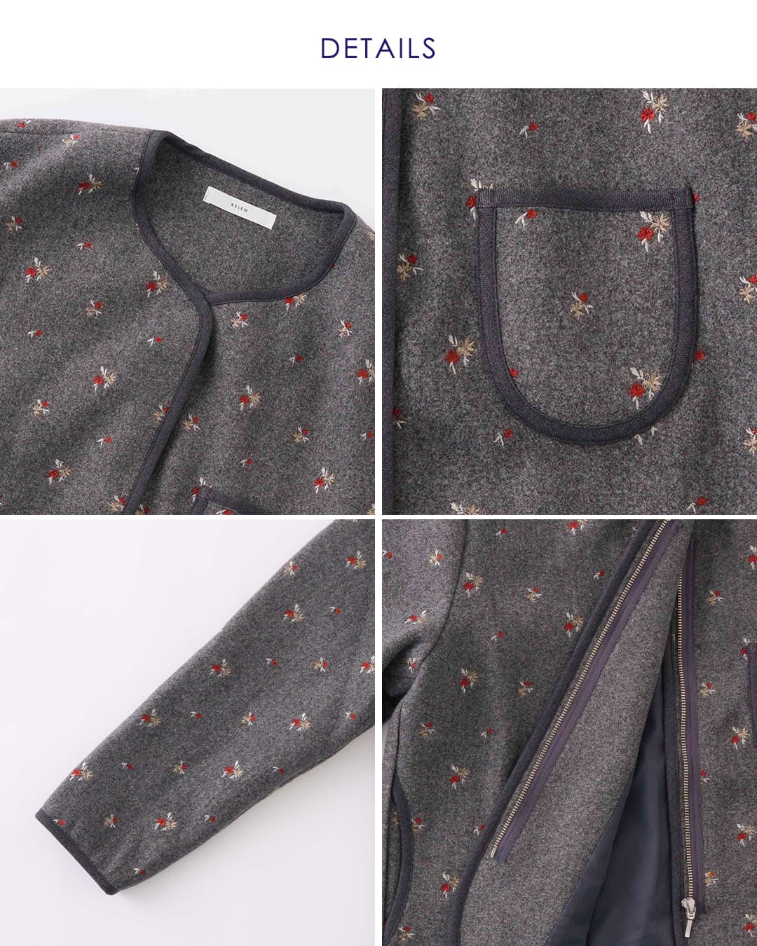 KELEN ケレン フラワー刺繍 ノーカラー ジャケット SAQUA lkl26fjk2100